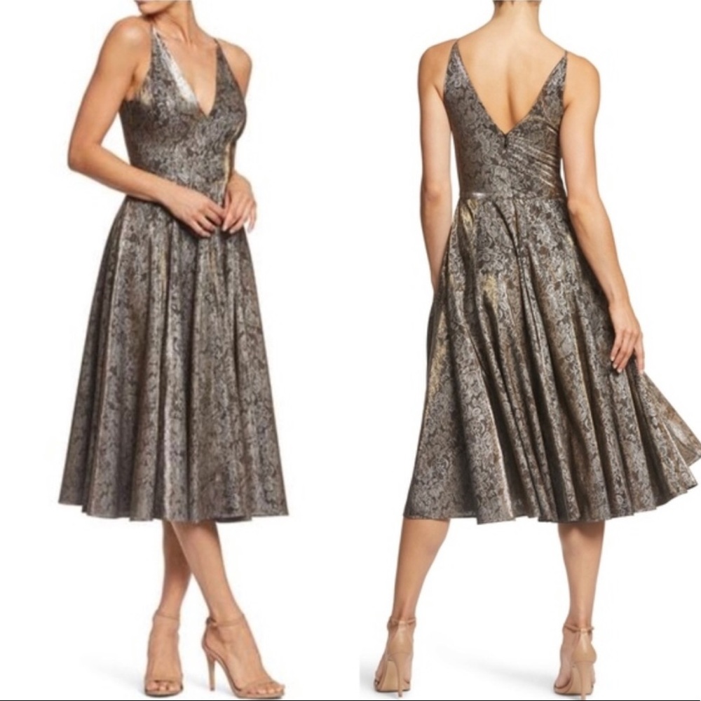 Delilah Plunging Jacquard Fit & Flare Midi Dress